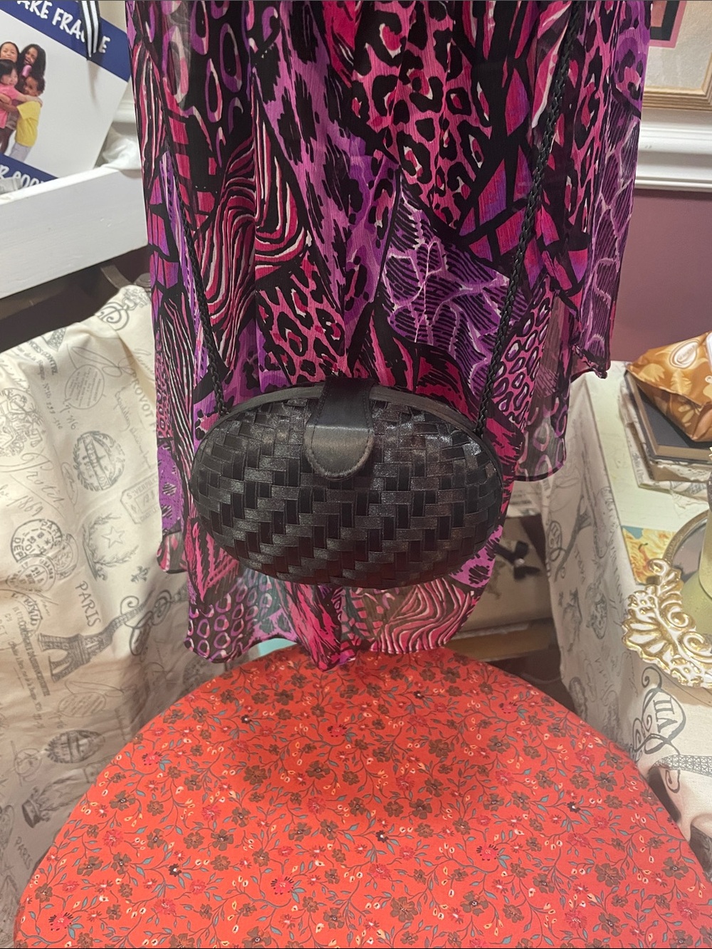Vintage Black Woven Oval  Clutch Bag For Evening By Delill  Rare 80s